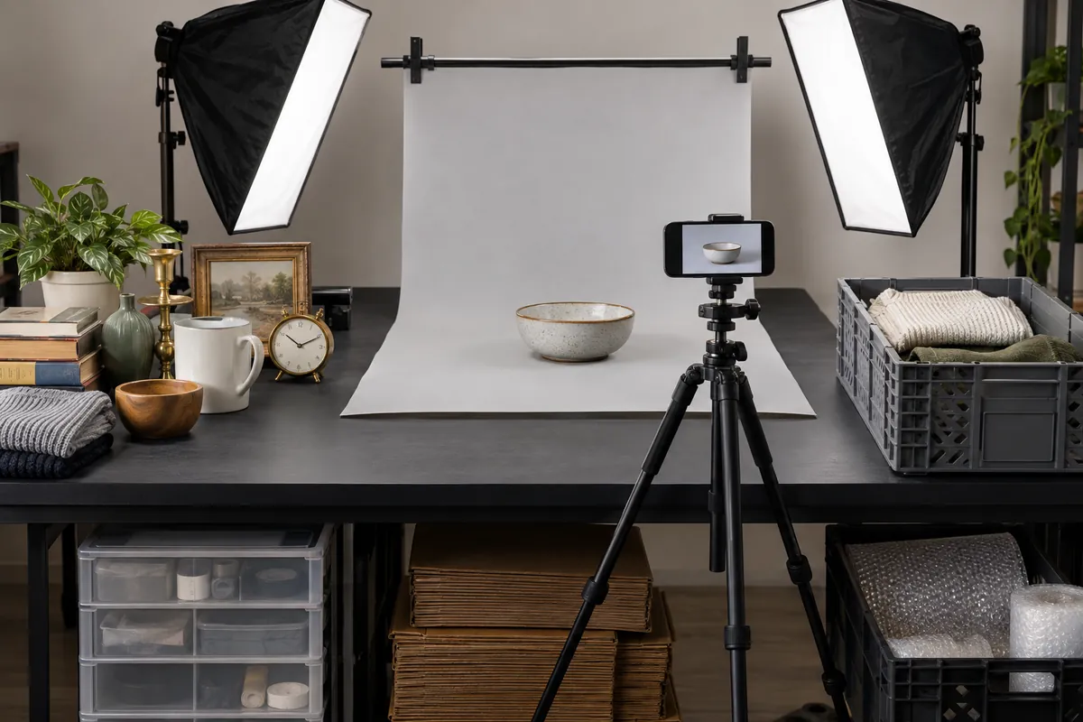 A listing station with items queued, a photo backdrop and a crate of finished items
